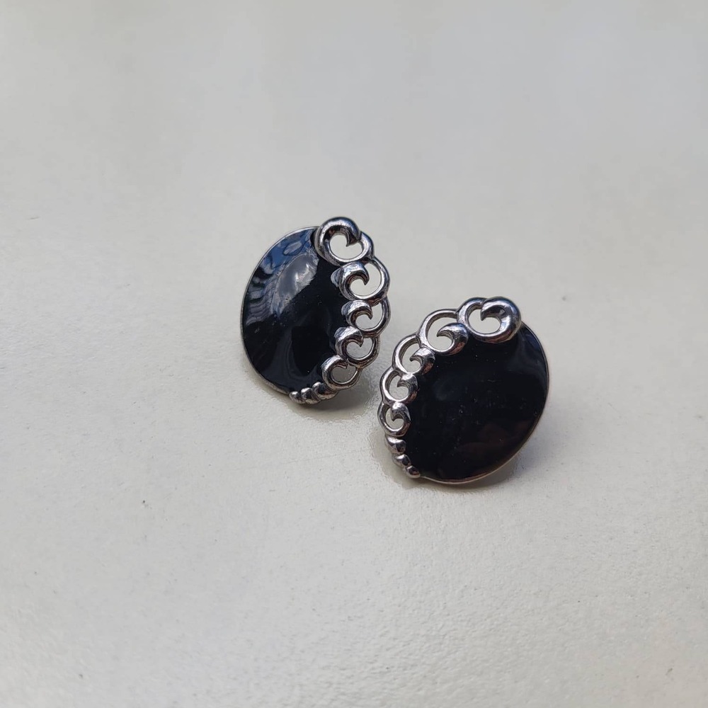Vintage Stud Earrings Black Enamel Silver Scroll Oval